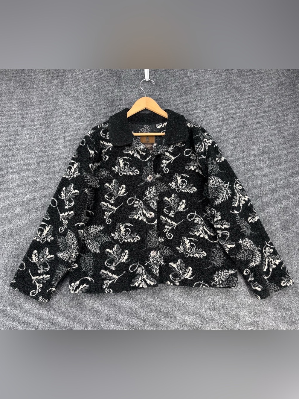 St John’s Bay Black White Speckled Cottagecore Fleece Jacket Women’s L USA Made